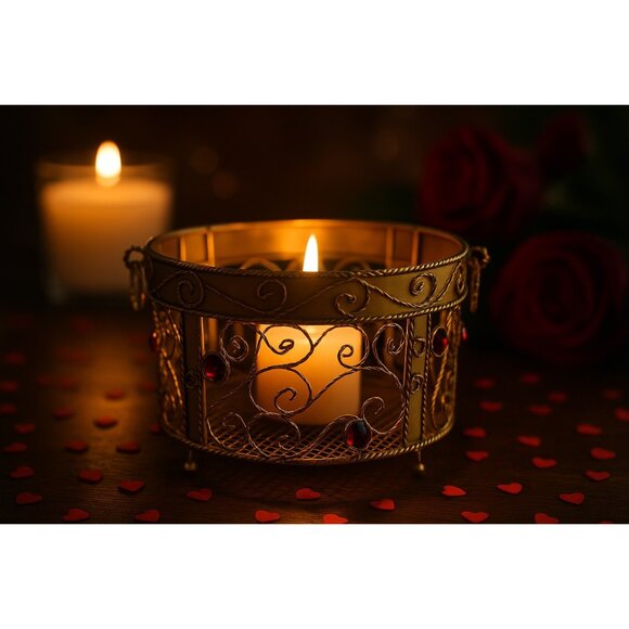 1990s Gold Wire Metal Candle Holder with Red Gem Accents – Round Scroll Design – - Picture 7 of 7